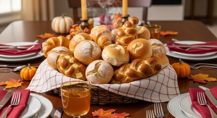 Thanksgiving Bread Basket Feast, Autumn Harvest Table Setting with Pumpkins and Candles