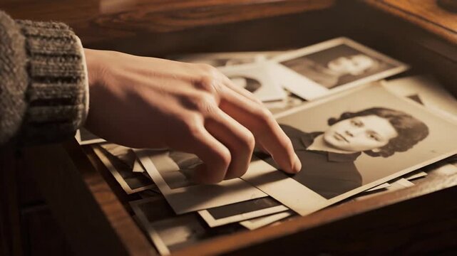 Hand Rummaging Through Old Photographs in a Drawer