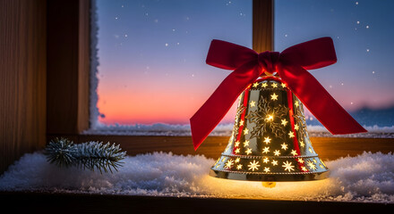 Celebrate the holidays with a magical glowing Christmas bell and a snowy winter sunset scene, perfect for festive greetings and warm wishes