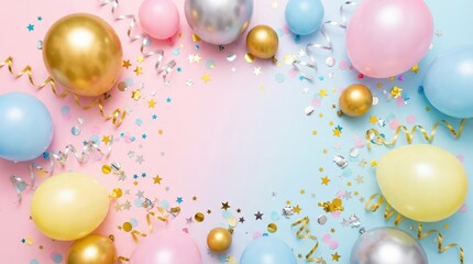 Colorful balloons and confetti on pastel background celebrating festive occasion