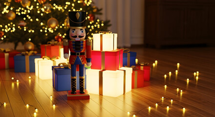 Traditional nutcracker guarding colorful Christmas gifts under a twinkling tree brings holiday cheer and a sense of joyful anticipation to your project