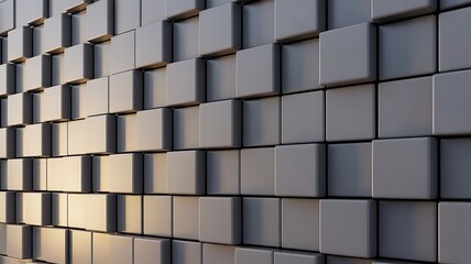 Abstract three dimensional wall pattern composed of staggered gray cubes creating depth and modern architectural texture