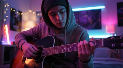 Obraz premium Person playing acoustic guitar in a dimly lit room with vibrant neon lights and string lights