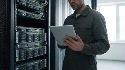 Technician monitoring server rack with tablet in data center environment