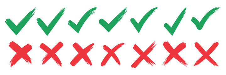 Check tick mark icon set. Cross box x check mark checkbox list vector draw hand drawn sketch doodle brush marker checklist symbol wrong right circle. hand drawn, grunge X sign. hand drawn tick mark. © Hike studio 333