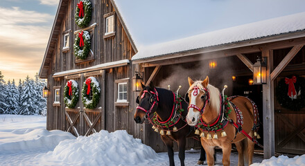 Enchanting winter wonderland with horses and charming wreaths, ideal for holiday promotions and festive projects evoking warmth and nostalgia this season