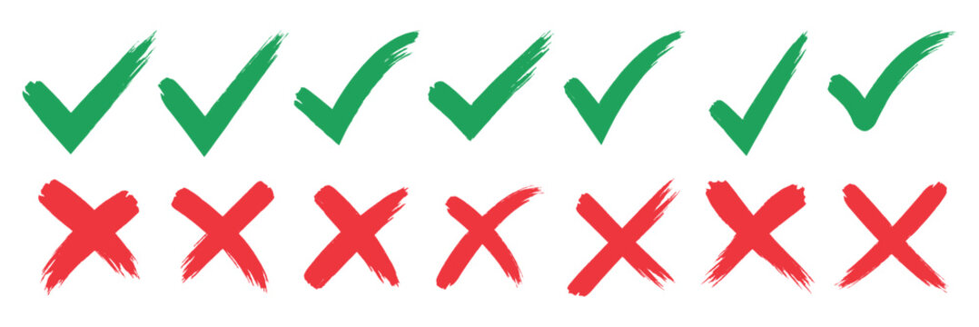 Check tick mark icon set. Cross box x check mark checkbox list vector draw hand drawn sketch doodle brush marker checklist symbol wrong right circle. hand drawn, grunge X sign. hand drawn tick mark.