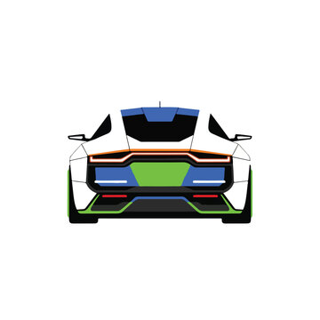 white sports car with colorful stripes on rear.