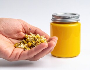 Handful Of Dried Chamomile Flowers Next To A Jar Of Golden Liquid With A White Background Studio Lighting