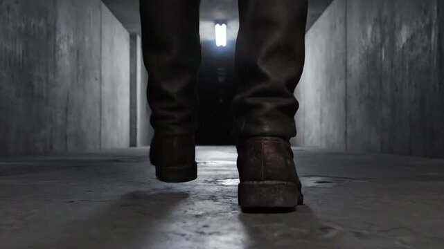 Footsteps Echoing Down Dark Concrete Corridor