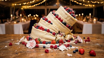 Collapsed Wedding Cake Decorated with Fresh Berries Toppled on Wooden Table