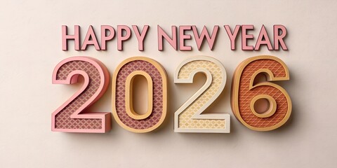 Happy new year 2026 threedimensional typography with carved wood texture and decorative pastel colors