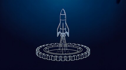 Glowing rocket launch startup growth icon on dark background