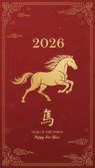Elegant Red Background with Golden Horse Design Celebrating Lunar New Year 2026
