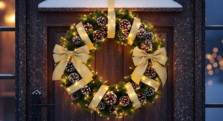 Elegant festive holiday wreath with golden bows and pinecones adorning a rustic wooden door, perfect for warm winter greetings and seasonal celebrations