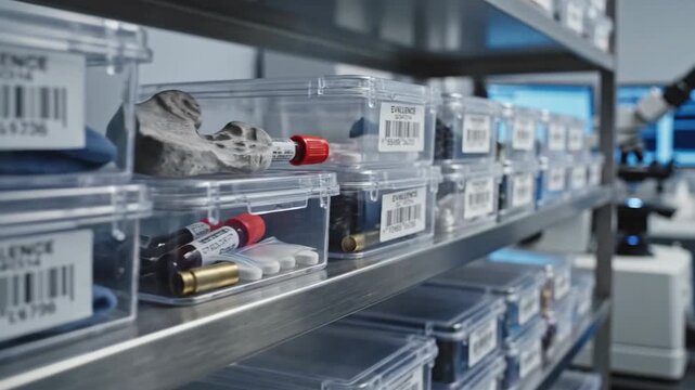 Evidence containers neatly stacked on laboratory shelving, showcasing organized scientific storage and forensic analysis materials.