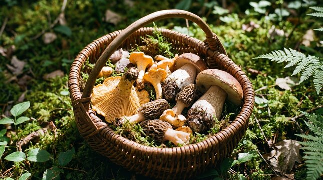 Wicker Basket with Porcini Chanterelle and Morel Mushrooms on Forest Moss
