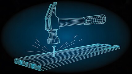Glowing hammer hitting nail construction icon on dark background