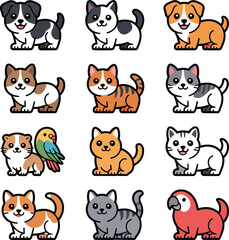 Fototapeta premium Cute Cartoon Pet Grid Vector Featuring Dogs, Cats, Guinea Pigs, and Parrots in a Colorful Educational Animal-Themed Layout.