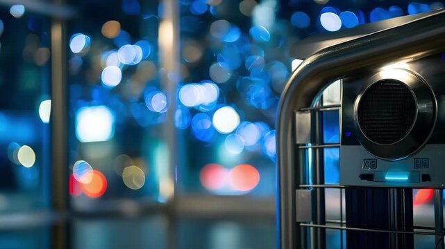 Medium shot focusing on an illuminated security gate equipped with multifactor biometric and RFID sensors emphasizing layered protection in a highsecurity facility.
