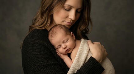 A tender moment between a mother and her sleeping newborn baby wrapped in soft blankets
