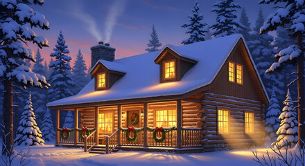 Escape to a cozy winter cabin retreat, glowing with warmth amid snow-covered pines, perfect for holidays, relaxation, or a tranquil seasonal getaway