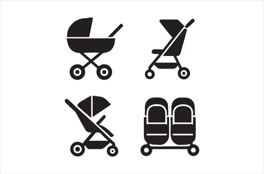 Simple black and white icons depicting baby strollers and related items