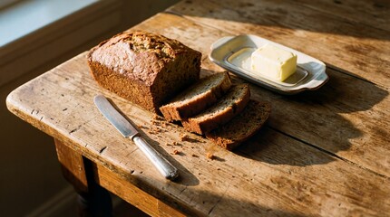 Homemade Banana Bread With Butter And Knife On Rustic Wooden Table In Sunlight