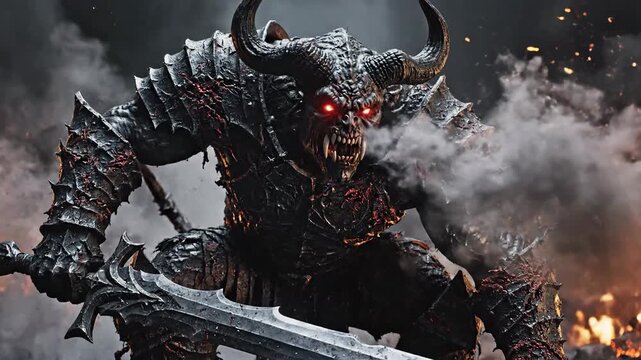 4K Massive Demon Warrior in Full Armor Holds Greatsword