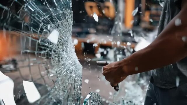 Medium shot of a technician sealing a bullseye chip on a glass windshield using precision tools to prevent further damage and restore clarity.
