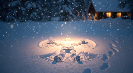 Experience Winter Magic: Child Creating a Snow Angel During a Gentle Snowfall near Cozy Cabin, a scene filled with joy and holiday spirit