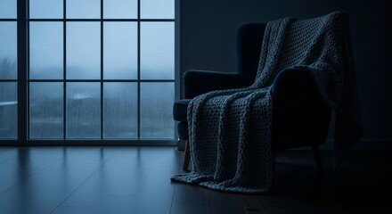 An armchair with a cozy blanket sits by a window in a dimly lit room, embodying a Blue Monday comfort and introspection concept