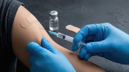 Fototapeta premium Close-up of a medical professional administering an injection in a person's arm with a bandage and vial nearby