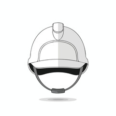 Frontal, grayscale drawing of a construction helmet with strap and shadow