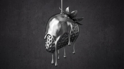 Metallic Strawberry with Dripping Liquid Chrome on a Dark Background