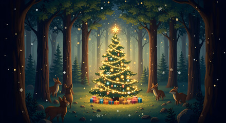Enchanting winter wonderland scene of a decorated Christmas tree surrounded by gifts and curious deer in a magical forest with falling snow
