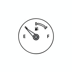 A circular fuel gauge graphic showing a needle pointing towards empty