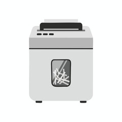A gray paper shredder, with a transparent view, filled with shredded paper
