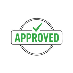 A green "APPROVED" stamp with a checkmark inside a round frame, all on a white bg