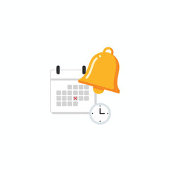 Flat illustration of a calendar, clock, and bell signifying a schedule or reminder