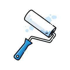 A tilted paint roller with blue handle and paint splatters