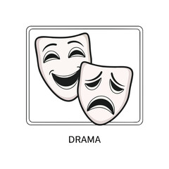 A rectangular illustration of theatrical masks, one joyful, one sad, with "DRAMA" below