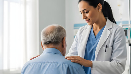 Fototapeta premium Doctor consoling patient, caring touch, medical support