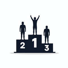 Silhouette figures on a podium with rankings 1, 2, and 3, winner with arms raised