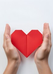 Hands holding a red paper heart on white background, symbol of love and care