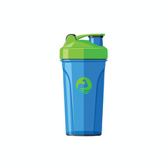 A blue and green shaker bottle with a sports logo on the body, on white background