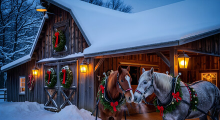 Enchanting winter scene with horses adorned for Christmas at charming snow covered barn ready for holiday cards and festive designs