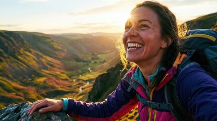 Naklejka premium Joyful hiker smiling at sunset over scenic mountain valley with colorful autumn foliage