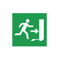 A white stick-figure runs rightward toward an open exit door, within a green square
