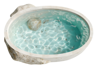 A luxury swimming pool featuring a stone rim and clear turquoise water. The pool is cut out against a transparent background